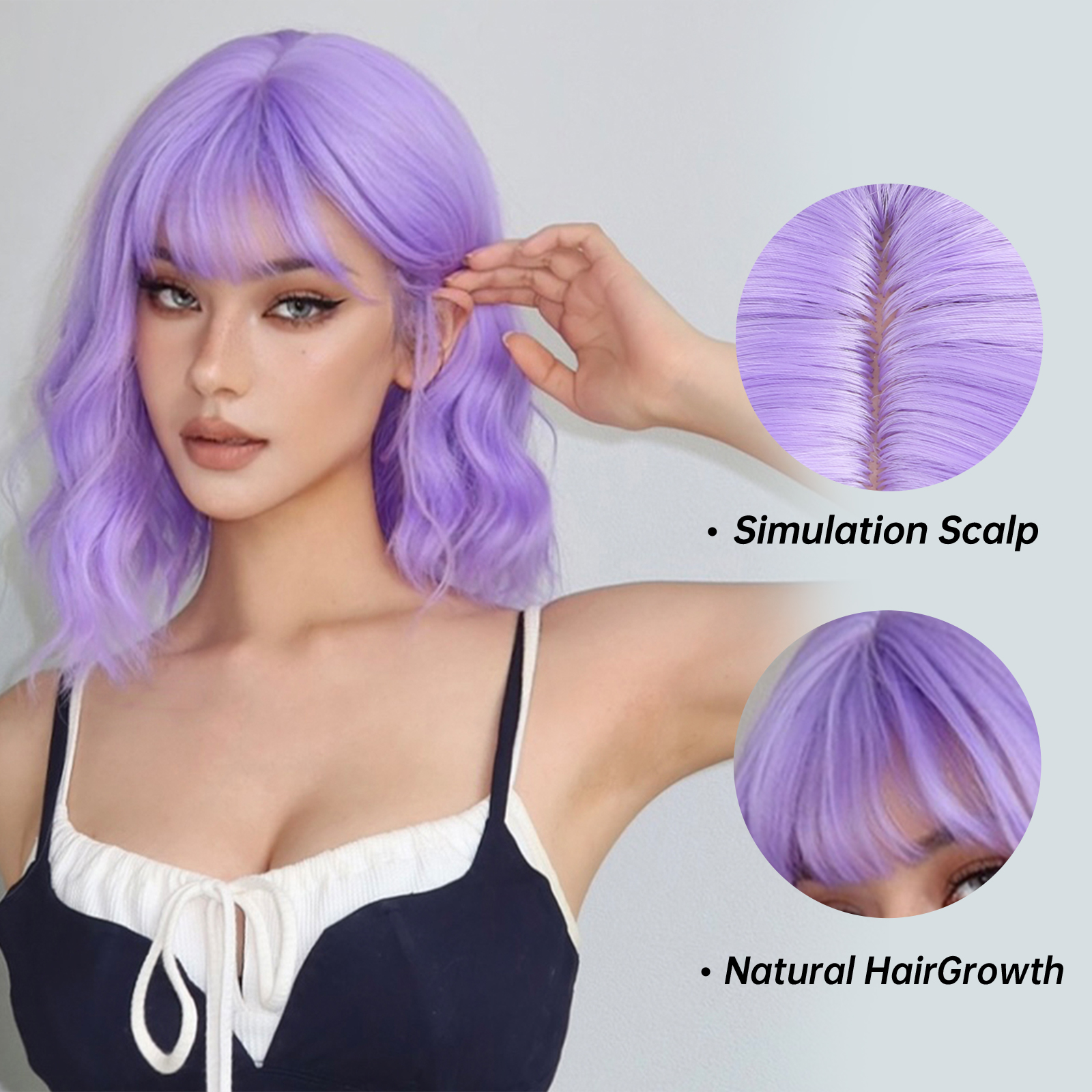 Short Synthetic Wigs Purple Blue Curly Wave Wigs with Bangs for Women Cosplay Party Halloween Colorful Bob Wigs Heat Resistant. 