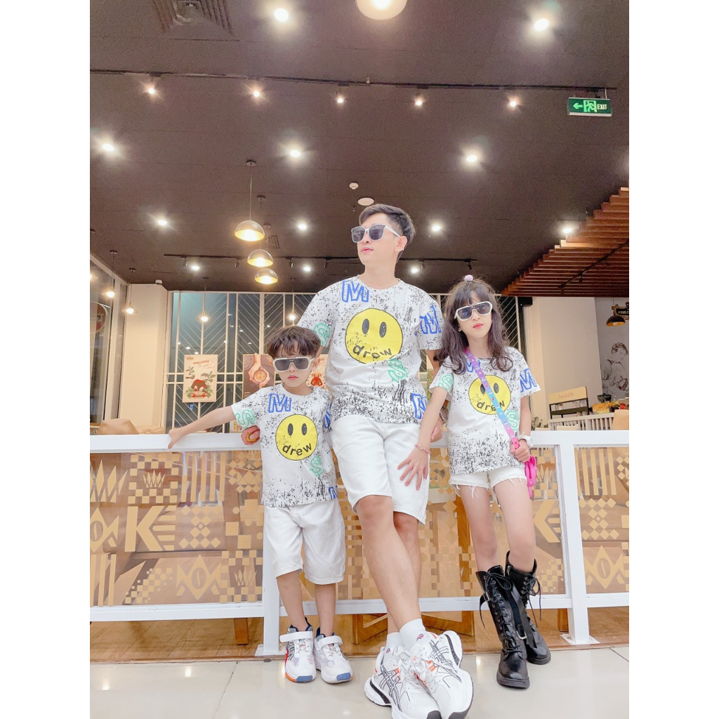 Set Đồ Đôi Gia Đình Áo Mặt Cười LOANG TRẮNG DD12