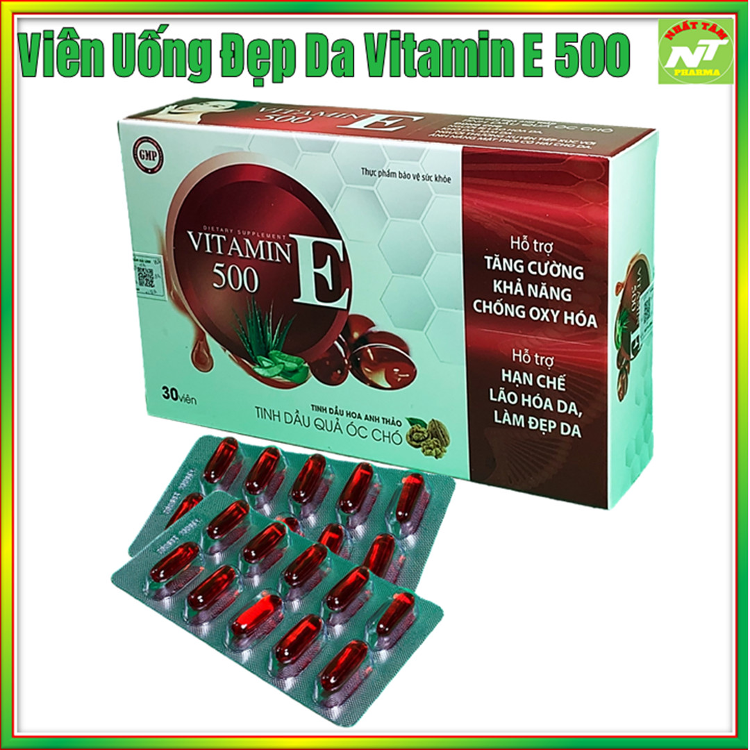 Viên uống đẹp da vitamin E 500- Thành Phần Tinh Dầu Quả Óc Chó, Hoa Anh Thảo Giúp Đẹp Da, Mờ Nám, Cân Bằng Nội Tiết Tố- vỉ 30 viên