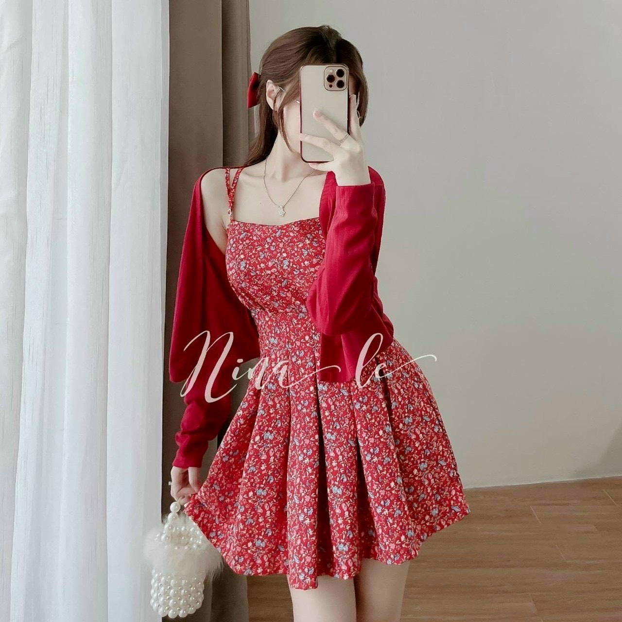 Sét đầm hoa nhí 2 dây có mút ngực xếp ly kèm áo khoác ngoài chất liệu thun gân siêu xinh