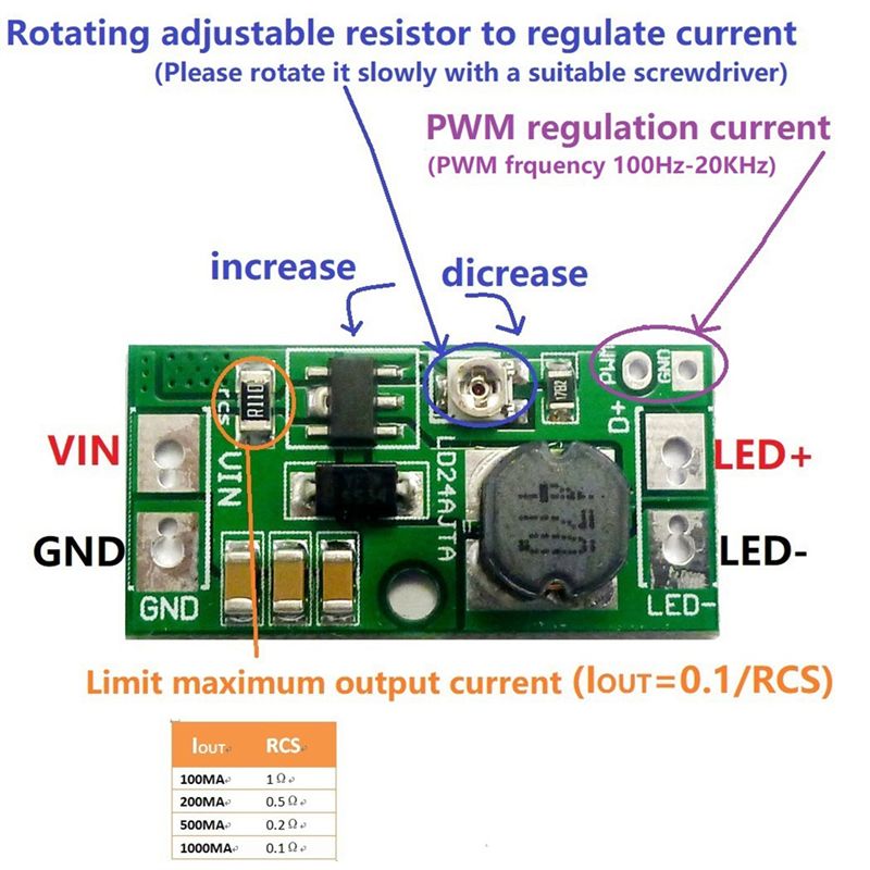 PWM Controlled DC-DC Step-Down 20W Adjustable LED Driver DC 9V 12V 18V 24V Constant Current Converter Module LD24AJTA.