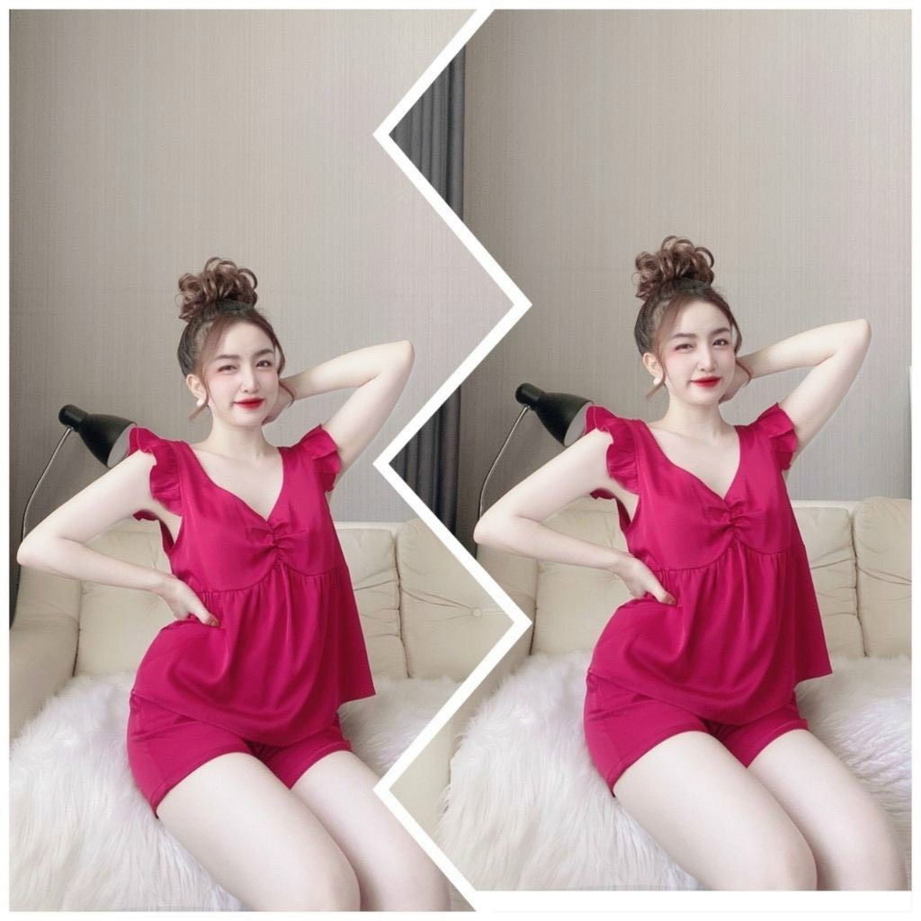Set bộ đùi vải satin cánh tiên freesize dưới 61kg, đồ bộ ngắn mặc nhà tay cánh tiên vải satin mềm mại