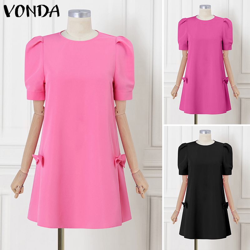 VONDA%20Women's%20Girly%20Style%20Short%20Sleeve%20A-Line%20Dresses%20Bowknot%20Crew%20Neck%20Mini%20Dress%20(Korean%20Floral)%20#4%20-%20Image%205