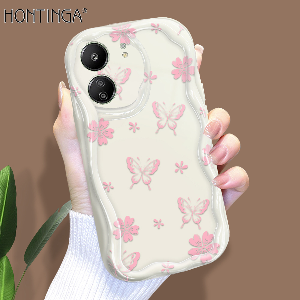 Hontinga for Redmi 13C Xiaomi Poco C65 Back Cover Pink Butterfly Flowers Phone Case Cream Texture Wavy Edge Soft Mobile Cover