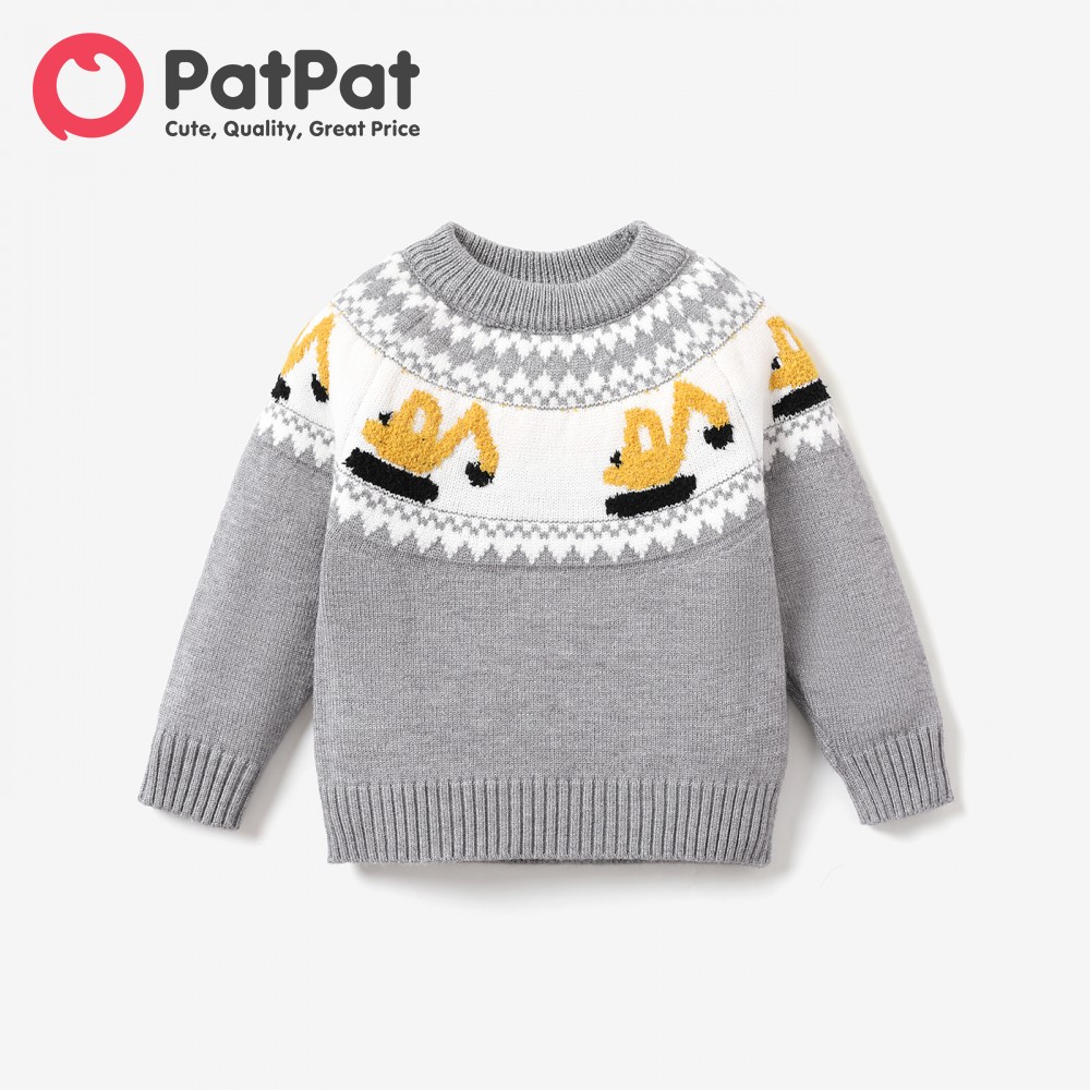 PatPat Baby Boy Excavator Pattern Knitted Pullover Sweater