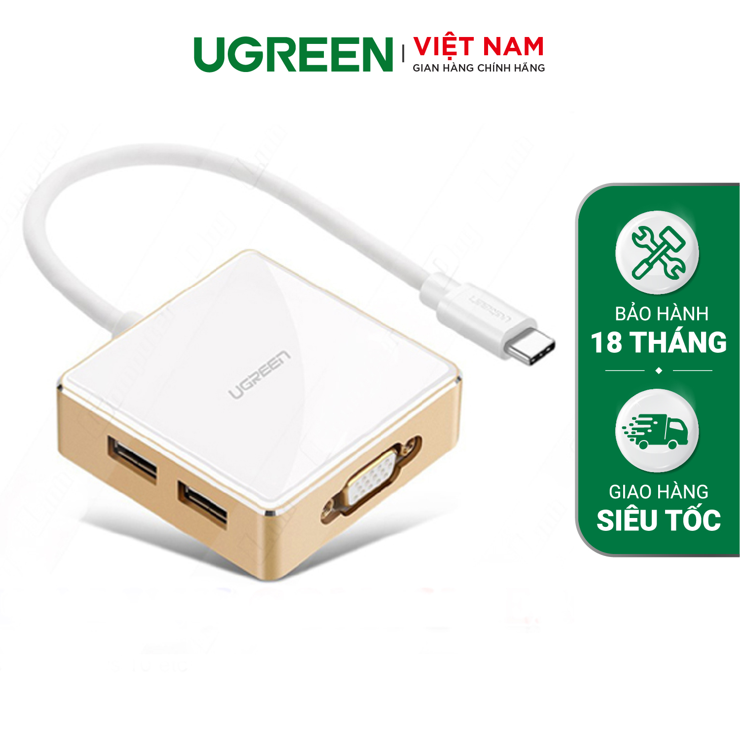 Bộ chuyển đổi USB type C sang VGA cùng Hub USB 1 cổng 3.0 và 2 cổng 2.0; hỗ trợ cổng sạc Macbook USB - C UGREEN US183 30442 - Hãng phân phối chính thức