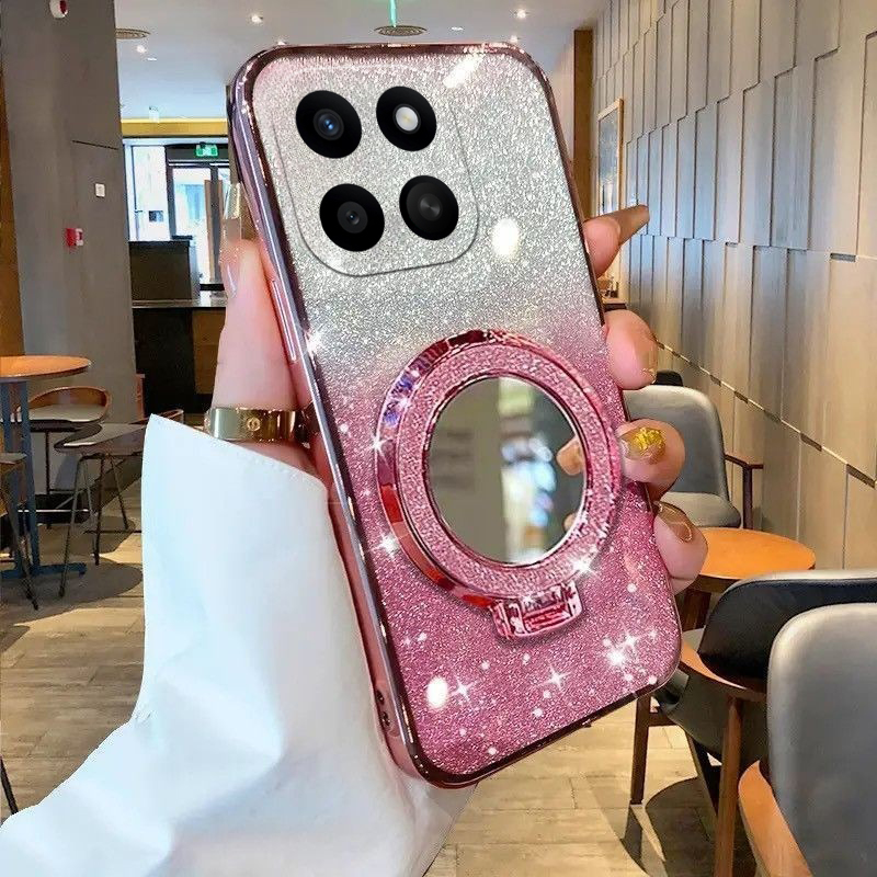 Phone cover Honor X6C Back case with Makeup Mirror Holder Stand Luxury Shiny Gradient Plating Glitter Slim for Honor X6C Phone cases. 