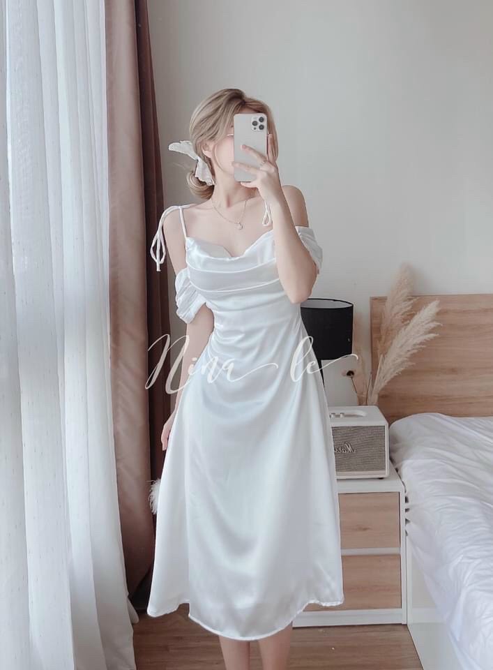 Đầm dự tiệc chất phi lụa có mod ngực kiểu dáng nàng thơ đẹp dịu dàng.