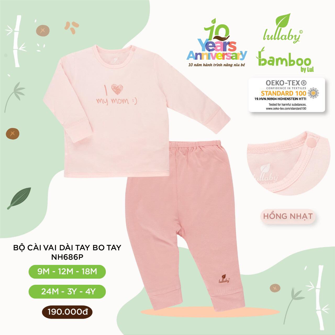 Bộ dài tay cài vai cho bé trai/bé gái chất vải Bamboo