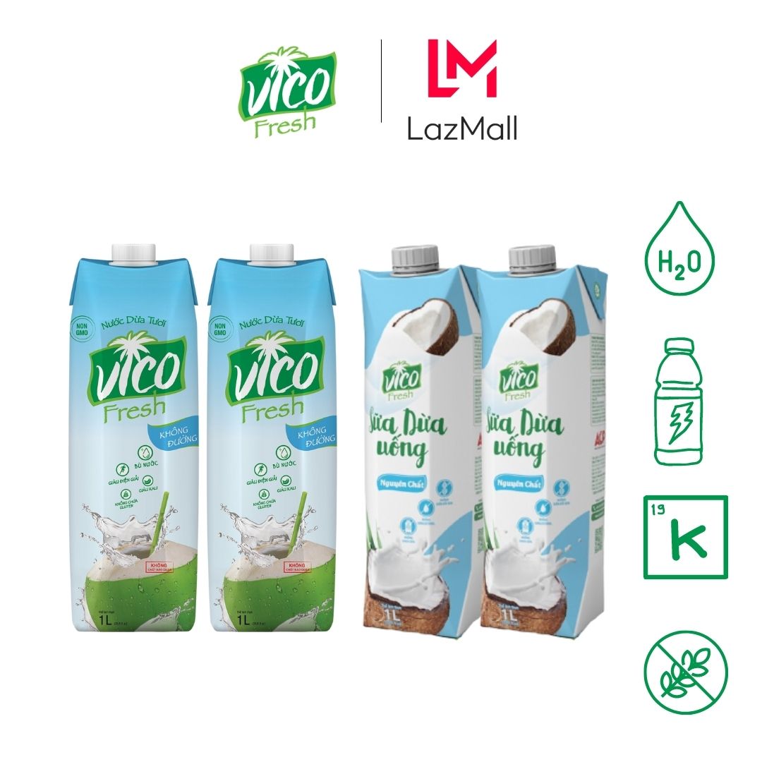 Combo 4 hộp nước dừa Vico Fresh 1L 2 Natural, 2 Sữa Dừa