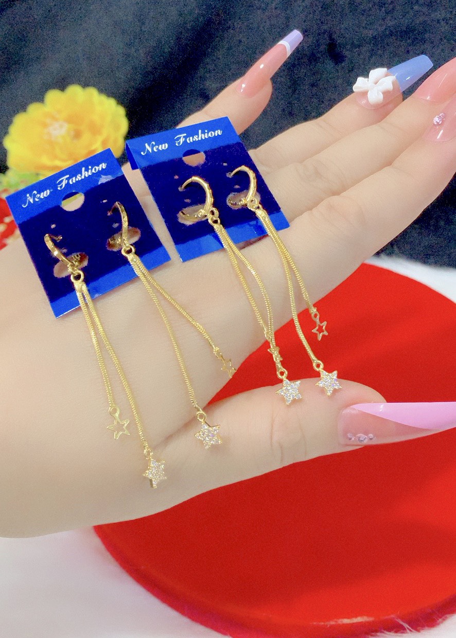 Đôi bông tai nữ mạ vàng hai tua hình ngôi sao năm cánh 040LL070422  - bông tai nữ đẹp, bông tai thời trang, cam kết không đen,  bền màu theo thời gian, đi chơi tiệc đều đẹp