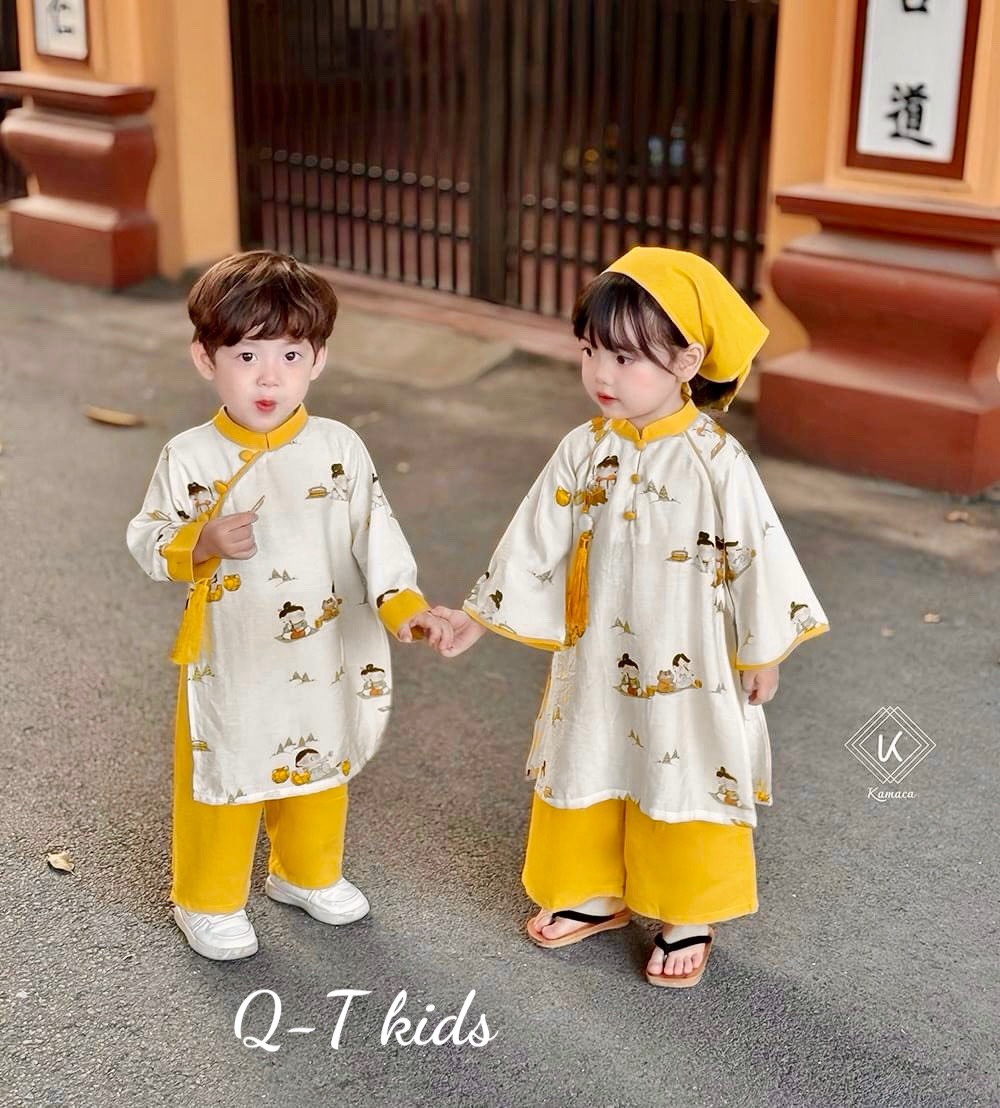 Set áo dài họa tiết cho bé trai bé gái, kèm quần lụa