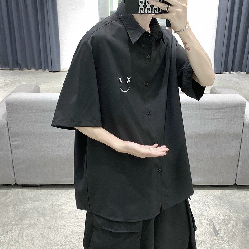Áo sơ mi nam form rộng ngắn tay họa tiết mặt cười chất vải voan lụa mềm dày dặn chất lượng giá tốt
