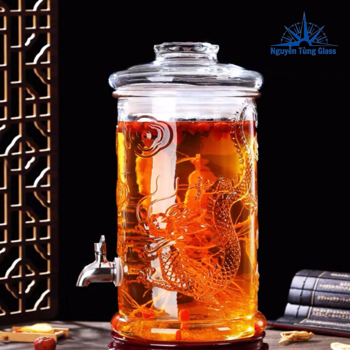 Bình Thủy Tinh Trụ Rồng Ngâm Rưou 5 Lít (Có Vòi)