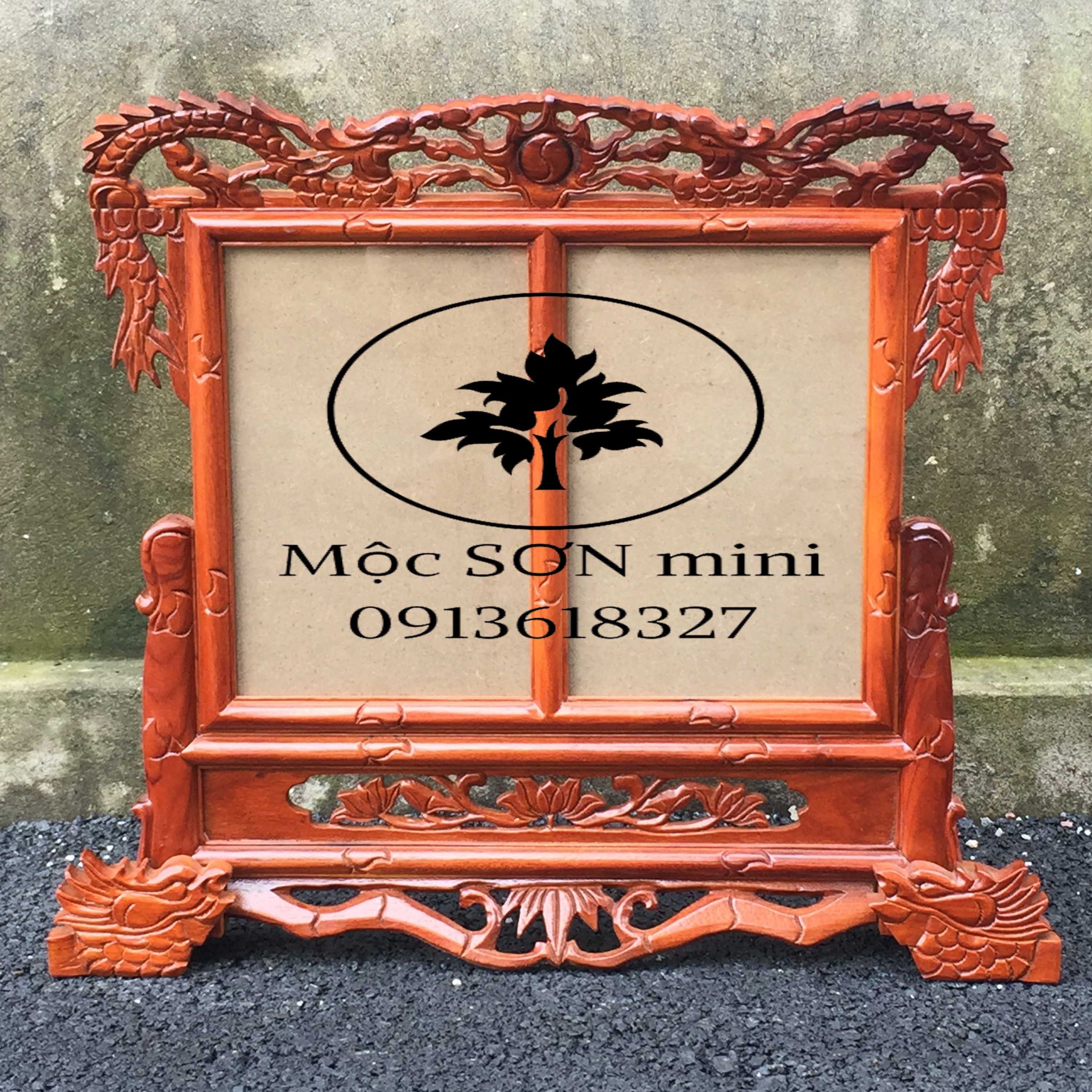 Khung ảnh thờ song long gỗ hương Khung ảnh thờ rồng đôi kích thước ảnh18x24 và 21x31