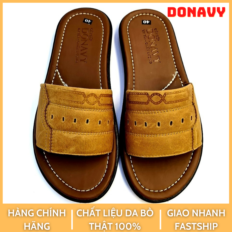 Dép quai ngang nam da bò 100%, DonavyQNC21, quai 02 lớp da Bò cao cấp, đi êm chân D.1MC