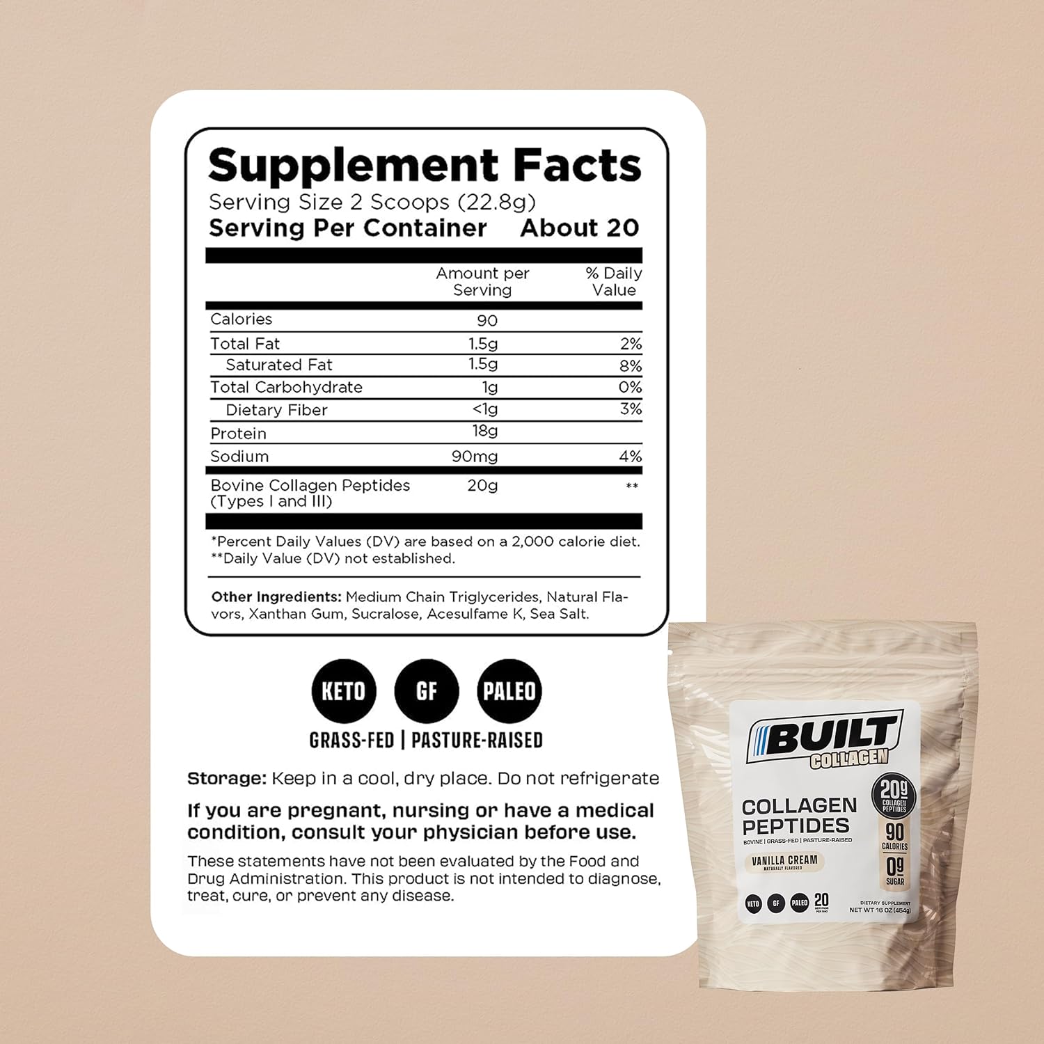 Built Collagen Peptides Powder - Collagen Powder - Hair, Skin, Nails, and Joint Support - Type I & III Grass-Fed Collagen Supplements for Women and Men - 16oz Bag - (Vanilla Cream). 