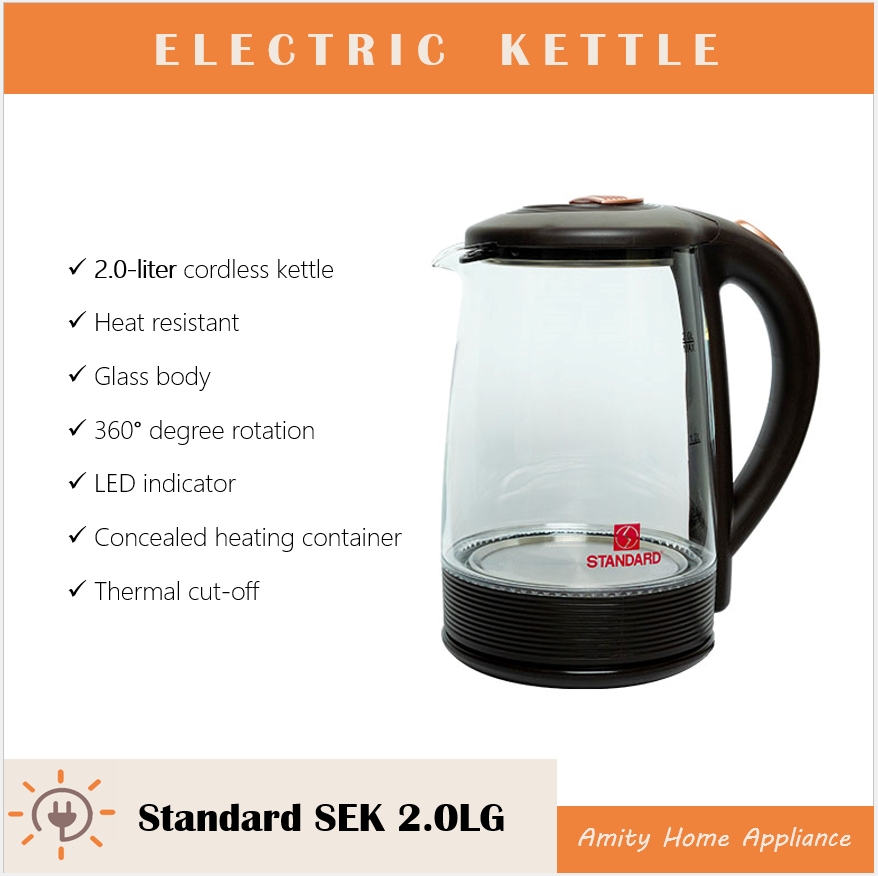Standard Electric Kettle 2.0L Glass Body Cordless Heat Resistant SEK2