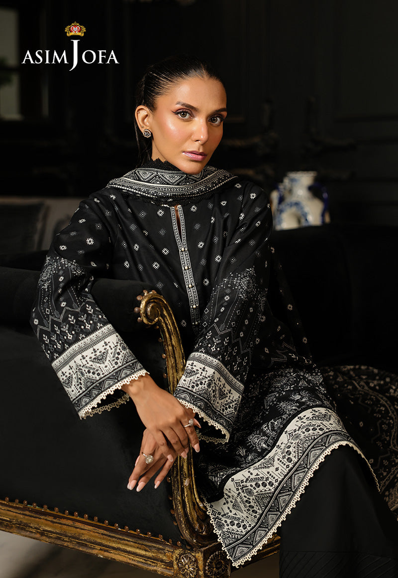 Asim Jofa Unstitched Digital Printed Lawn Unstitched 2 Piece Suit For Women And Girls - Black - Collection: Monochrome -Designcode: Ajmch-13-Uns. 