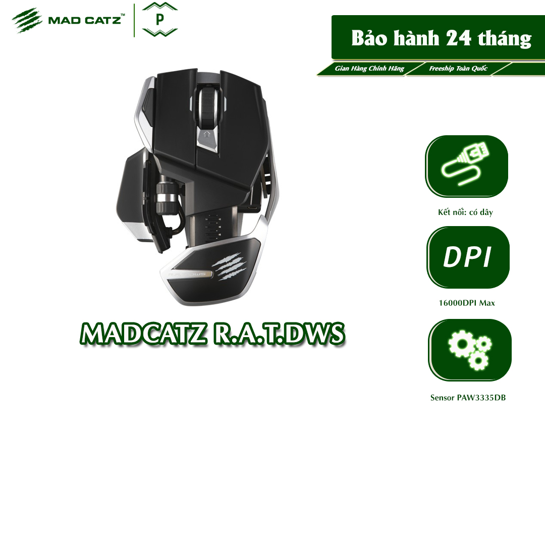 Chuột Gaming Không Dây MADCATZ R.A.T.DWS,16000DPI,Switch DAKOTA 60M,Kết Nối Bluetooth 5.0/2.4ghz,Sensor PAW3335DB, Tùy Chỉnh Trọng Lượng Chuột,Phù Hợp Cho Game Thủ Chuyên Nghiệp- Hàng Chính Hãng, Bảo Hành 24 Tháng