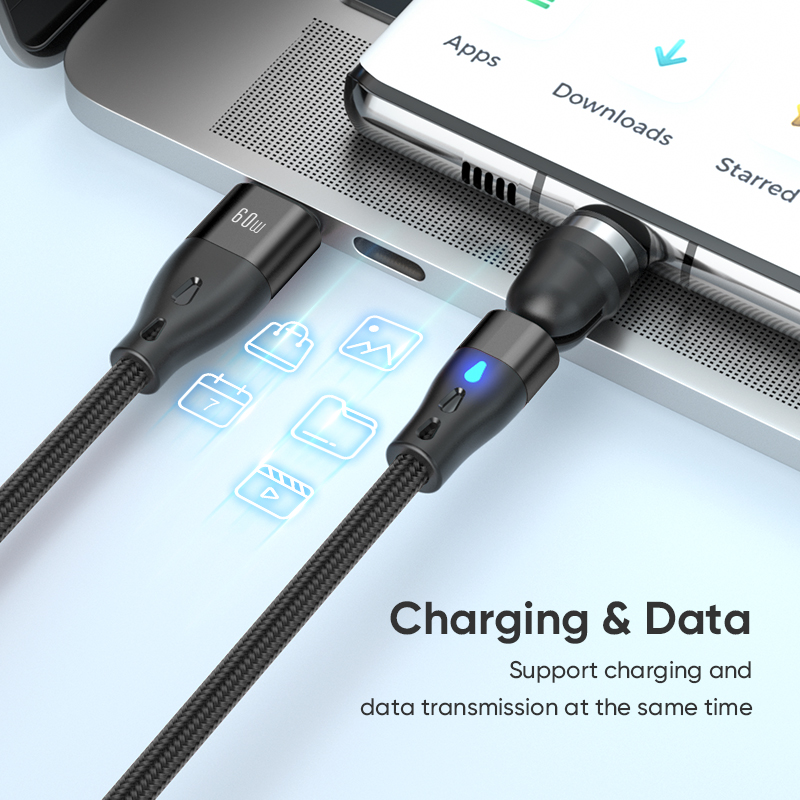 TBTIC 540 ° Rotatable 7-Pin Magnetic Fast Charging Data Cable PD Micro USB Type C For iPhone IPad OPPO Vivo 66W Charge Cable Car Gaming With LED Light