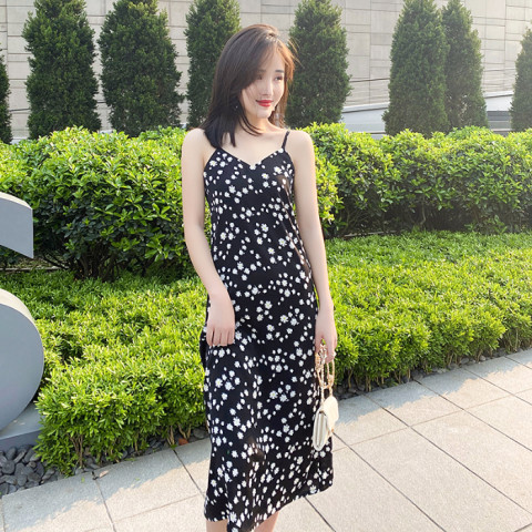 Summer elegant V-neck suspender floral A-line skirt