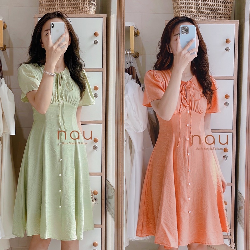 Đầm phối nút ngọc dáng xoè nhẹ cột nơ cổ