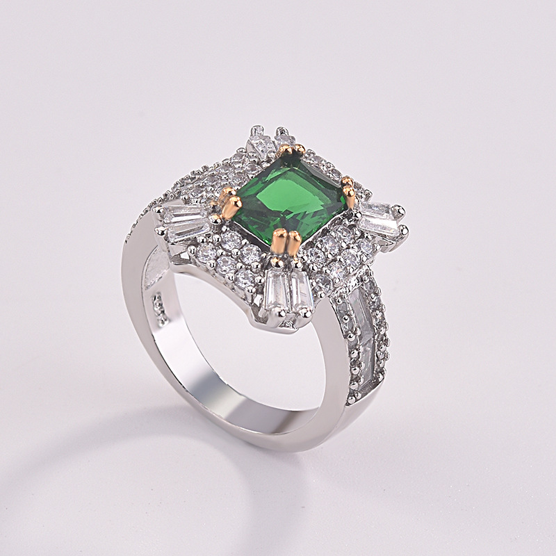 Emerald Diamond Square Princess Ring Engagement Ring