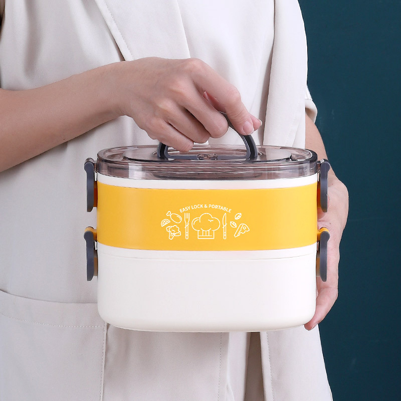 Simple oval-shaped double-layer stainless steel lunch box large-capacity handle compartment lunch box student lunch box