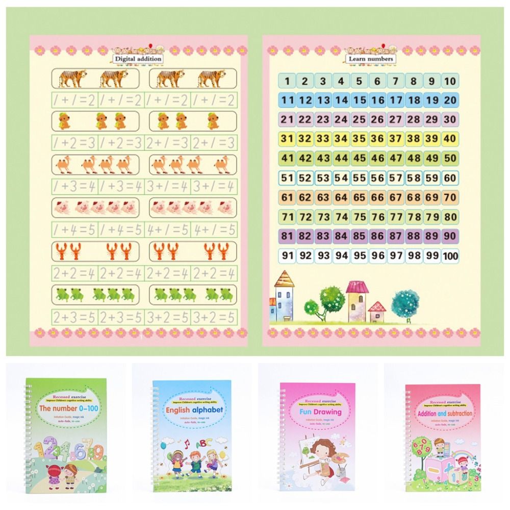 Ustele 4 cái/Bộ cuốn sách ma thuật chữ rãnh ma thuật Vở Tập Viết trẻ em chữ viết tay tái sử dụng viết tập thể dục cuốn sách dày chữ viết thư pháp Toán Học trường tiểu học