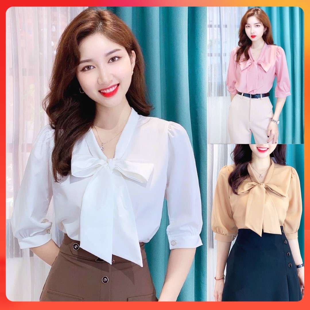 🔥[C025] Áo SƠ MI KIỂU NỮ CỘT NƠ CỔ tay lửng hàng Quảng Châu xinh xắn cực HOT - kholenqc