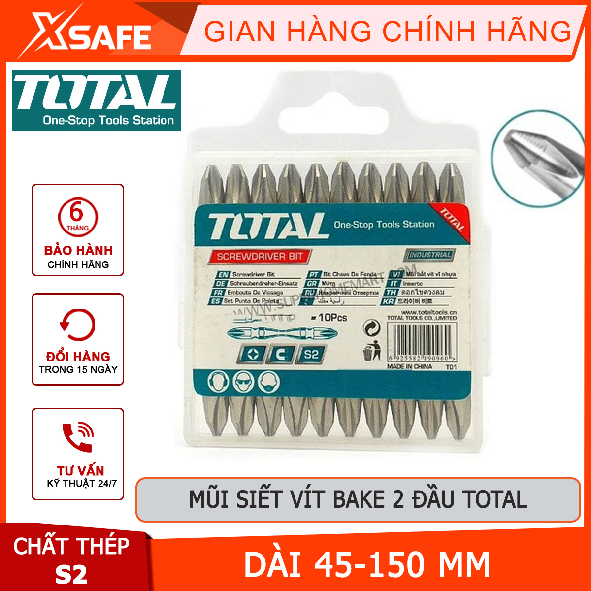 Mũi siết vít bake 2 đầu total | bộ 10 mũi siết vít bake quy cách ph2+ph2 chiều dài 45mm150mm thép công nghiệp s2 tháo lắp các thiết bị có hình bake