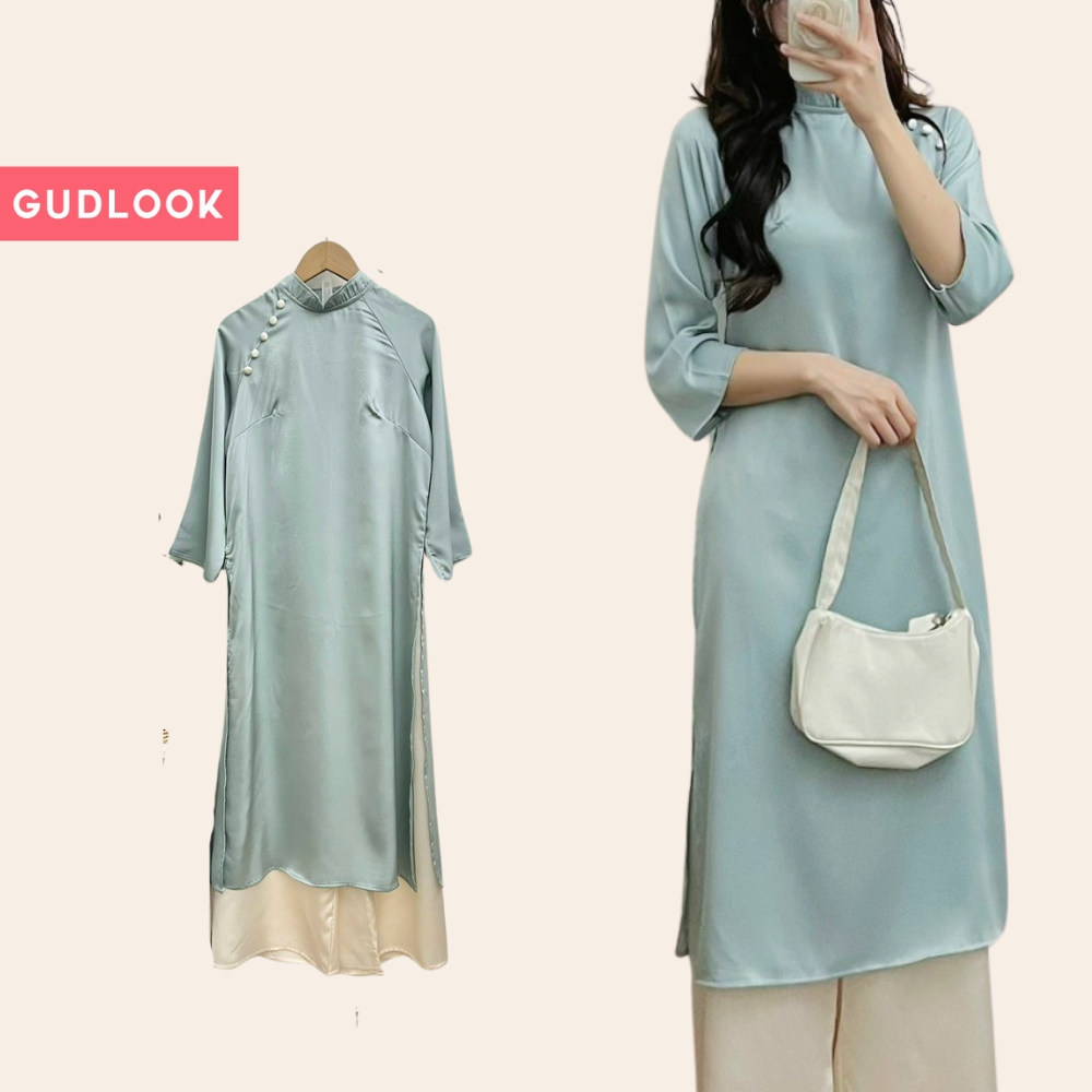 Áo Dài Lụa Nữ Cách Tân Cúc Bọc GUDLOOK Trơn 4 Màu Phối