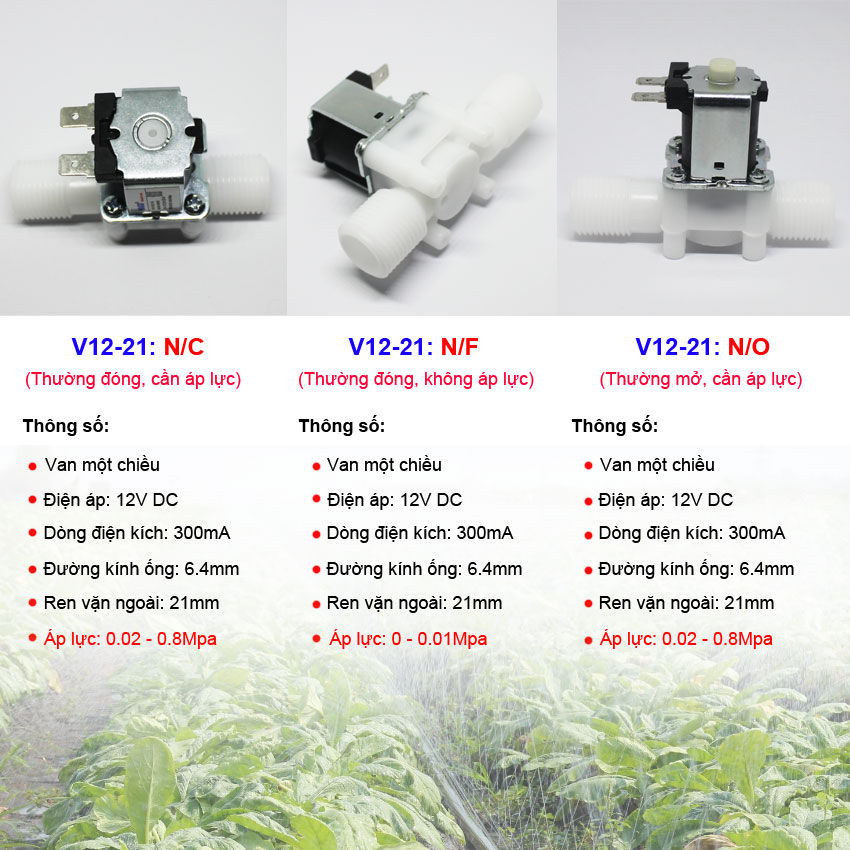 [HCM]Bộ van điện từ phi 21 N/C (Van thường đóng) kèm nguồn 12V 1A: Vcom 21