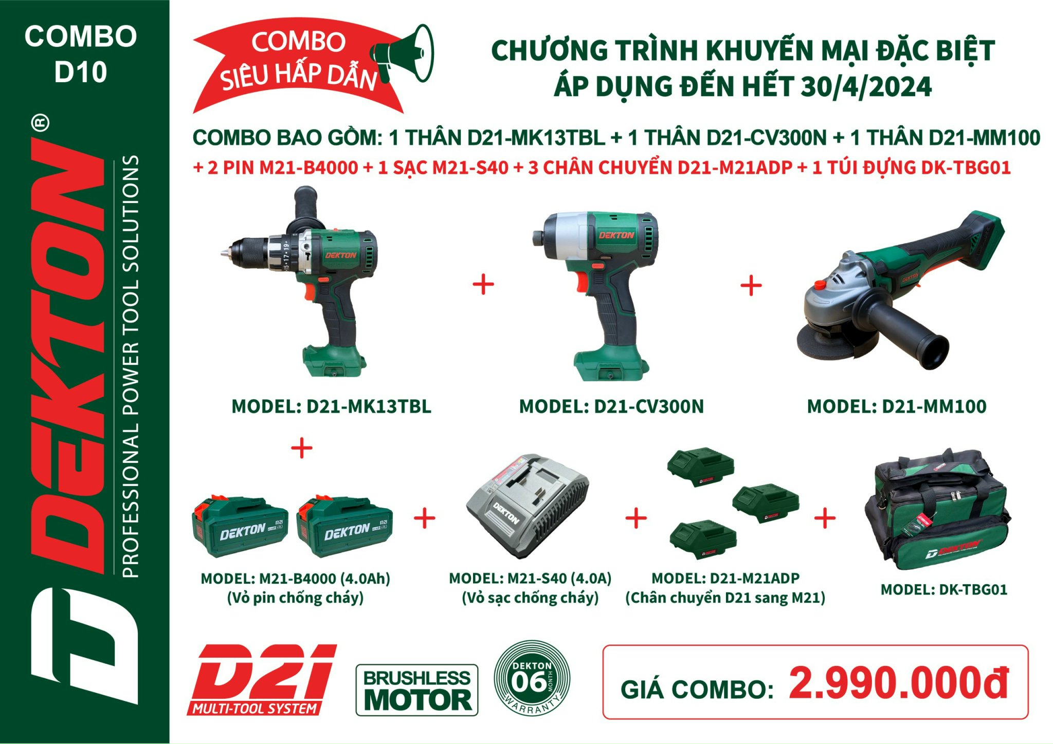 Combo Máy Khoan - Mài - Chuyên Vít Dekton D21 Đi Kèm 2PIN 4Ah M21 Sạc Túi Đồ Nghề Siêu To - XÃ KHO Chính Hãng Giá TỐT