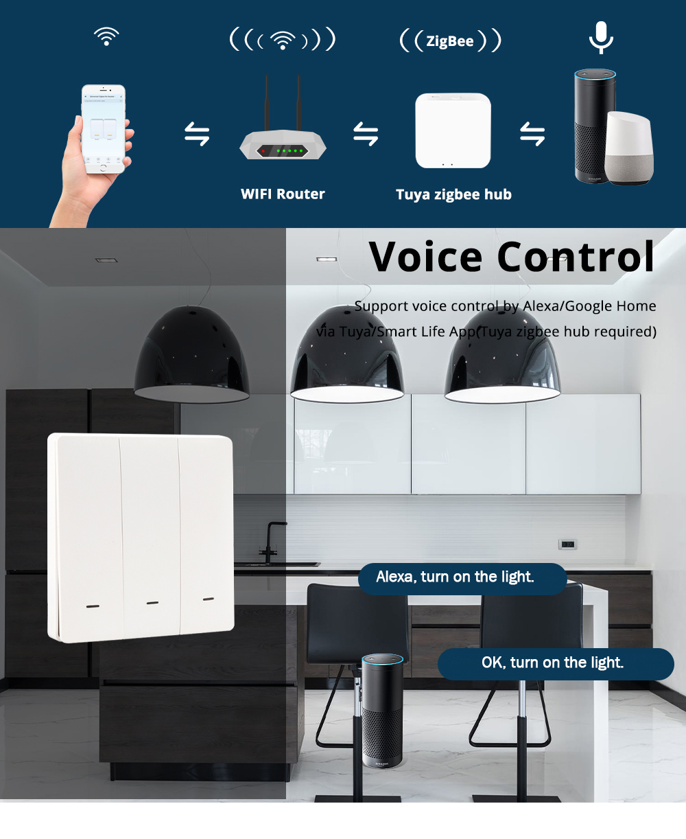 Zemismart Tuya Zigbee Light Switch, Smart Wall Push Relay Light Switch, Alexa Echo Light Switch Neutral Light Switch Nút bấm vật lý Light Switch, 20A Máy nước nóng/AC Switch Tuya Zigbee Hub Required
