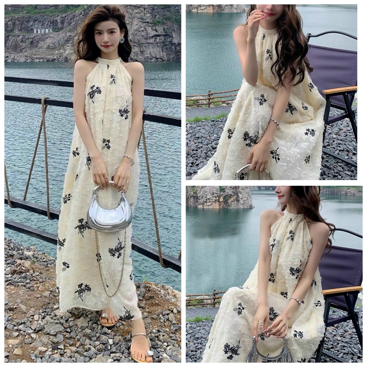 Đầm maxi đi biển cổ yếm phối hoa nổi đen by8614