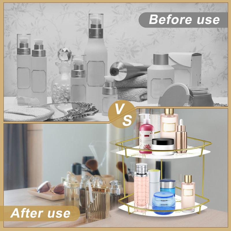 Tam giác kim loại truy cập kệ để góc phòng 2 tier góc kệ phòng tắm organizer kim loại truy cập kệ để góc phòng với cẩm thạch khay thủy tinh vanity organizer 2 tier góc kệ phòng tắm organizer tiết kiệm không gian góc chăm sóc da tổ chức