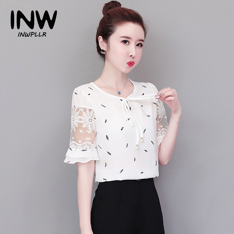 INWPLLR Chiffon Blouse Elegant Lace Patchwork Shirt Female Korea Womens Tops Fashion Floral Blouses Shirts Ladies Flare Sleeve Bow Tops