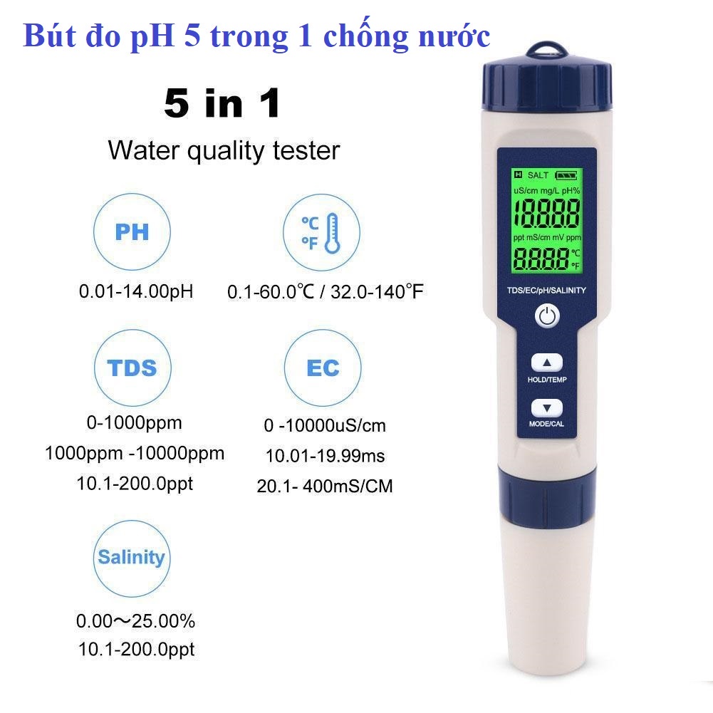Máy Đo Độ Mặn Và Độ PH 5 Trong 1, Đèn Nền Đo Độ PH/TDS/EC/Độ MặN/Nhiệt Độ