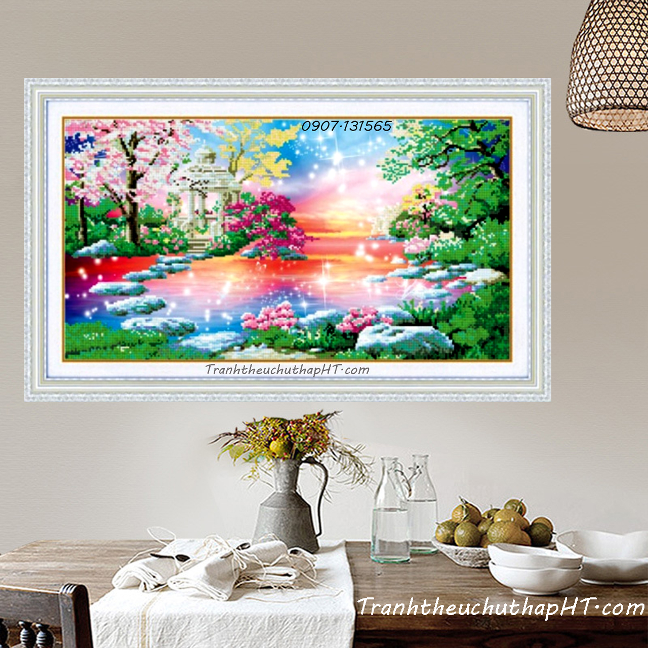 [HCM]Tranh đính đá - Tranh thêu chữ thập phong cảnh mùa xuân bên hồ LV3077 - tự thêu