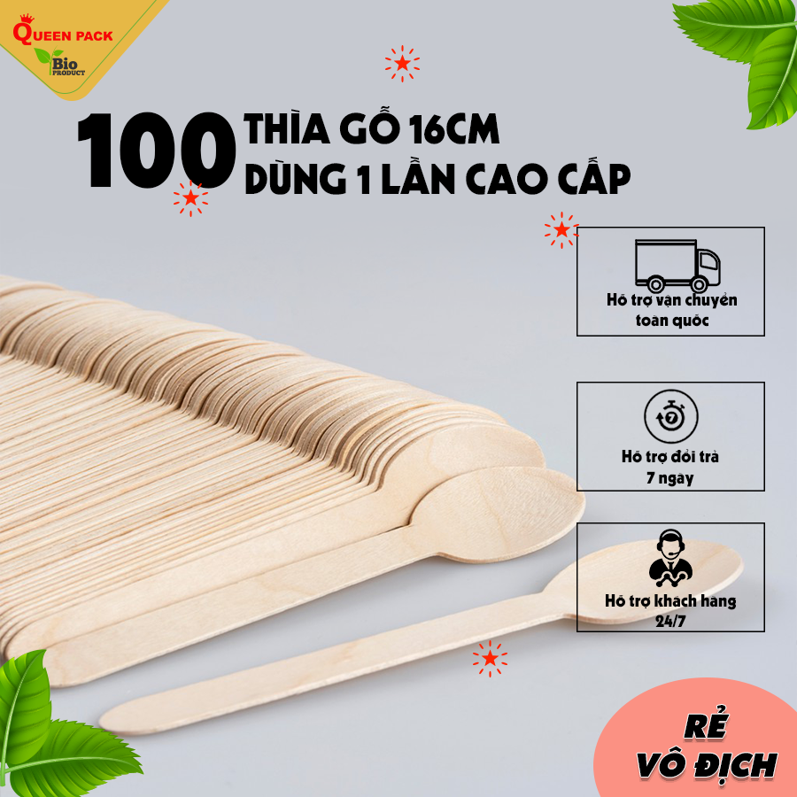 100 cái thìa gỗ 16cm/10cm dùng 1 lần cao cấp