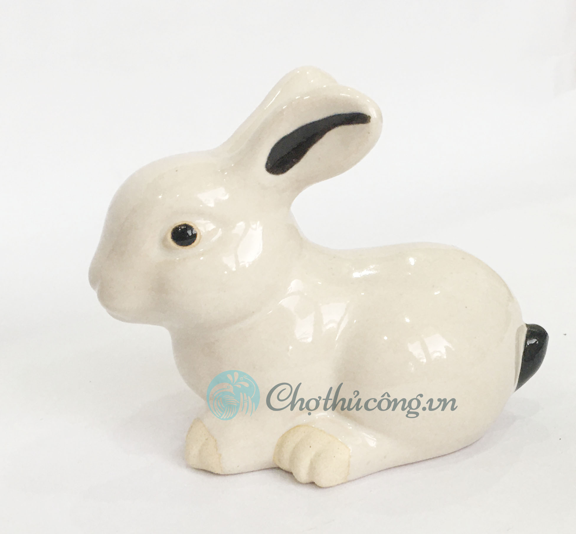 Medium size enameled ceramic jade rabbit - Rustic ceramic rabbit statue, lovely decoration, vintage decor