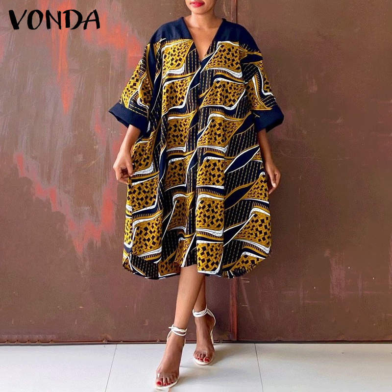 VONDA%20Women%20V%20Neck%203/4%20Batwing%20Sleeve%20Mini%20Dress%20Plus%20Size%20Printed%20Robe%20Dress%20(Plus%20Size)%20-%20Image%202