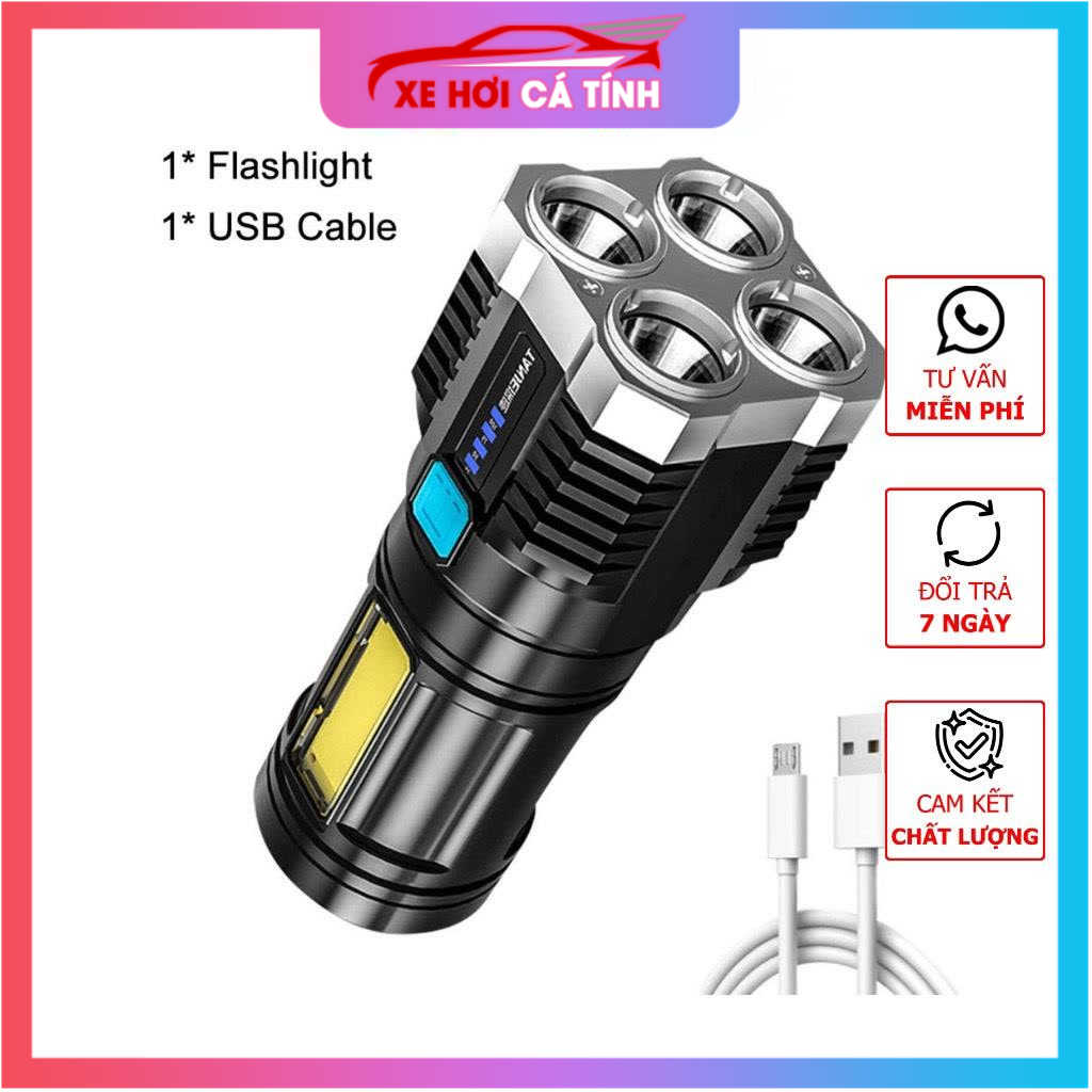 Đèn pin cầm tay 4 bóng siêu sáng siêu chiếu xa, nhiều chế độ, đèn led cob usb có đèn led hông nhiều chế độ tiện dụng