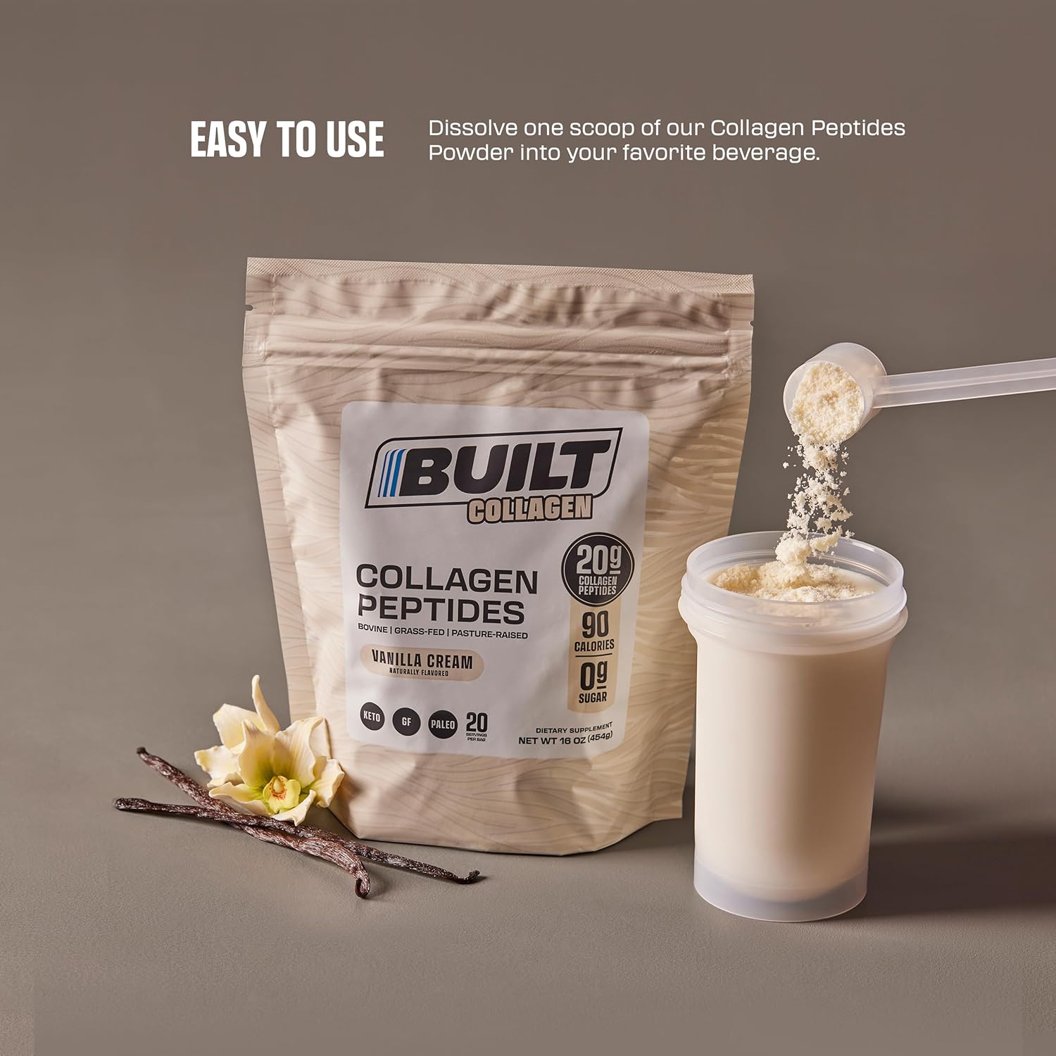 Built Collagen Peptides Powder - Collagen Powder - Hair, Skin, Nails, and Joint Support - Type I & III Grass-Fed Collagen Supplements for Women and Men - 16oz Bag - (Vanilla Cream). 