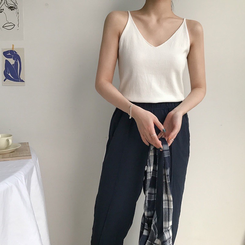 Áo 2 dây cổ tim len lông cừu siêu mềm