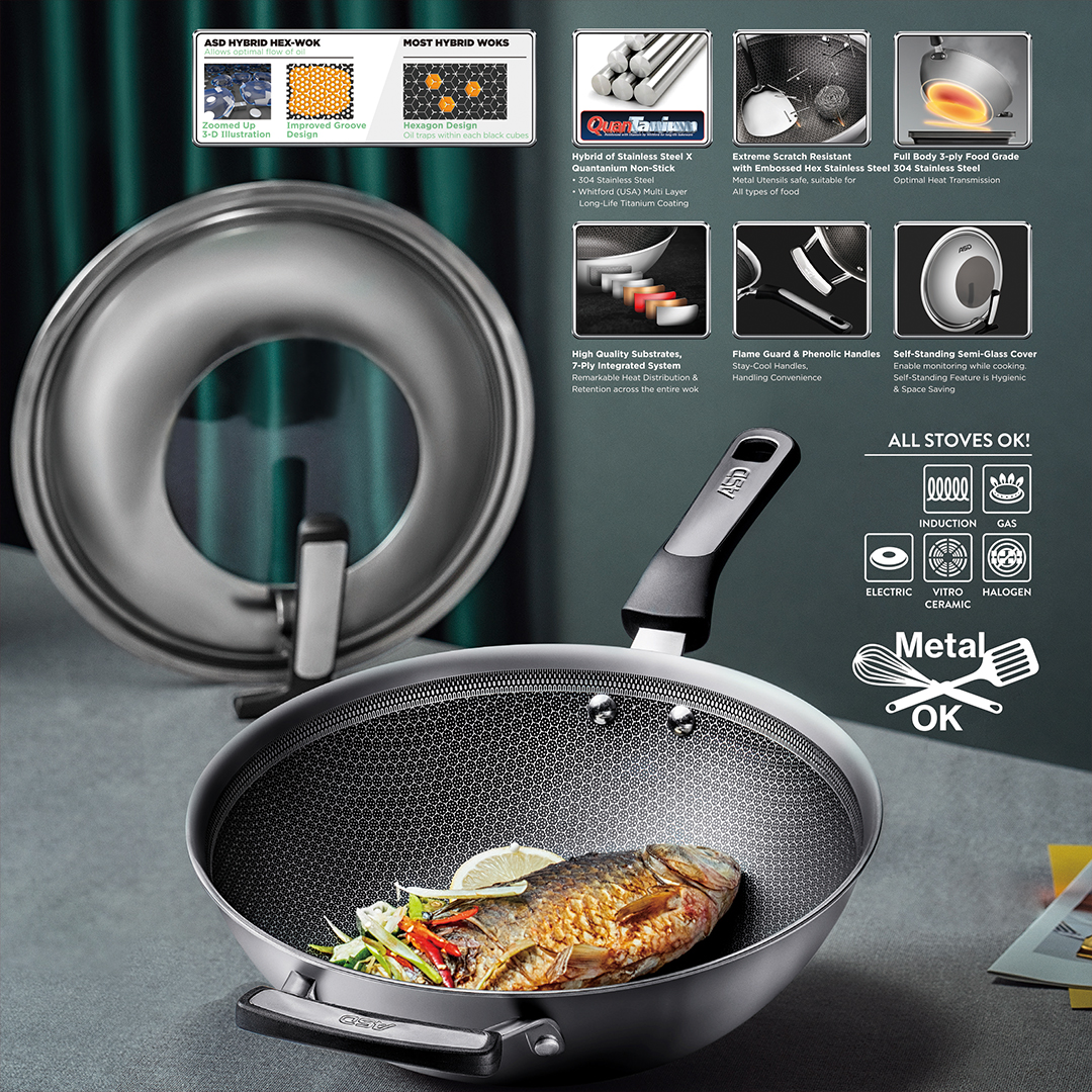 ASD Hybrid 3-PLY 30CM Hex-Wok with Self-Standing Cover / Stainless 
