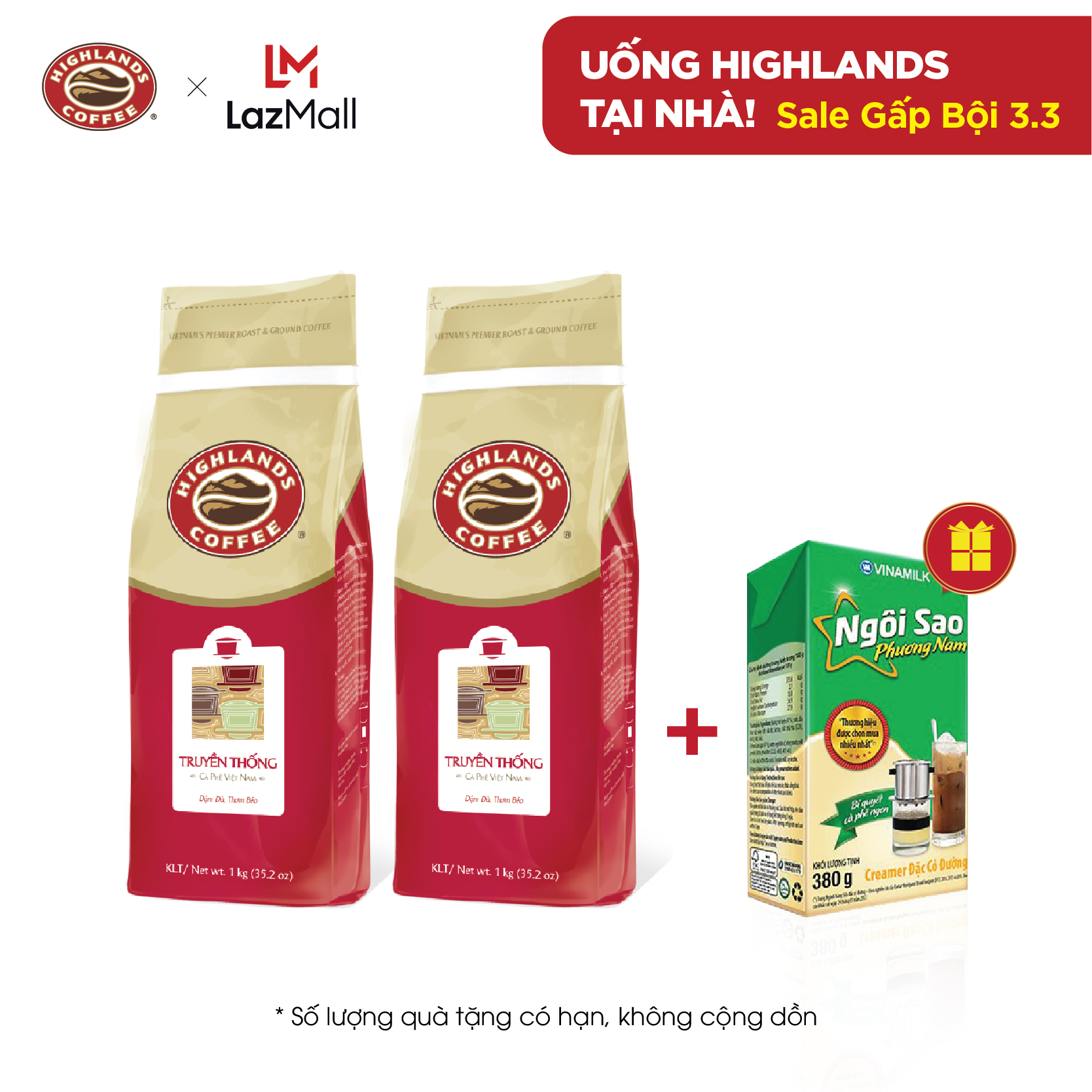 [TẶNG 1 HỘP SỮA TỪ 3-7.3] COMBO 2 Túi Cà phê bột Truyền thống Highlands Coffee 1kg (số lượng có...