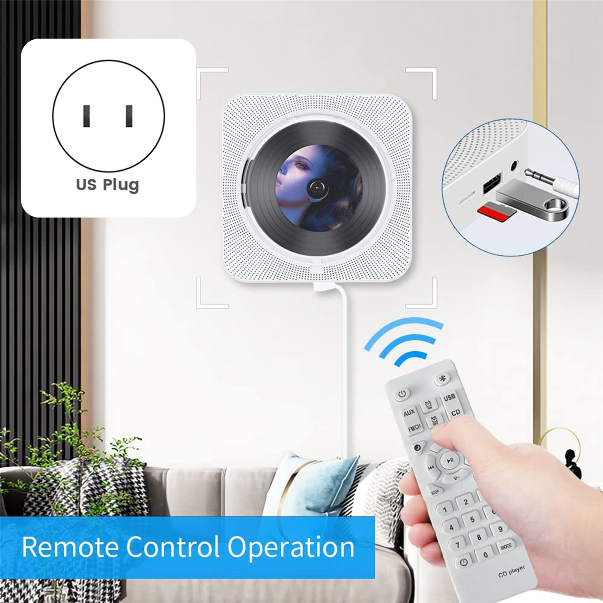 Portable Bluetooth CD Player,Wall Mount CD Player Home Audio Music Players with Remote Control,LCD Display